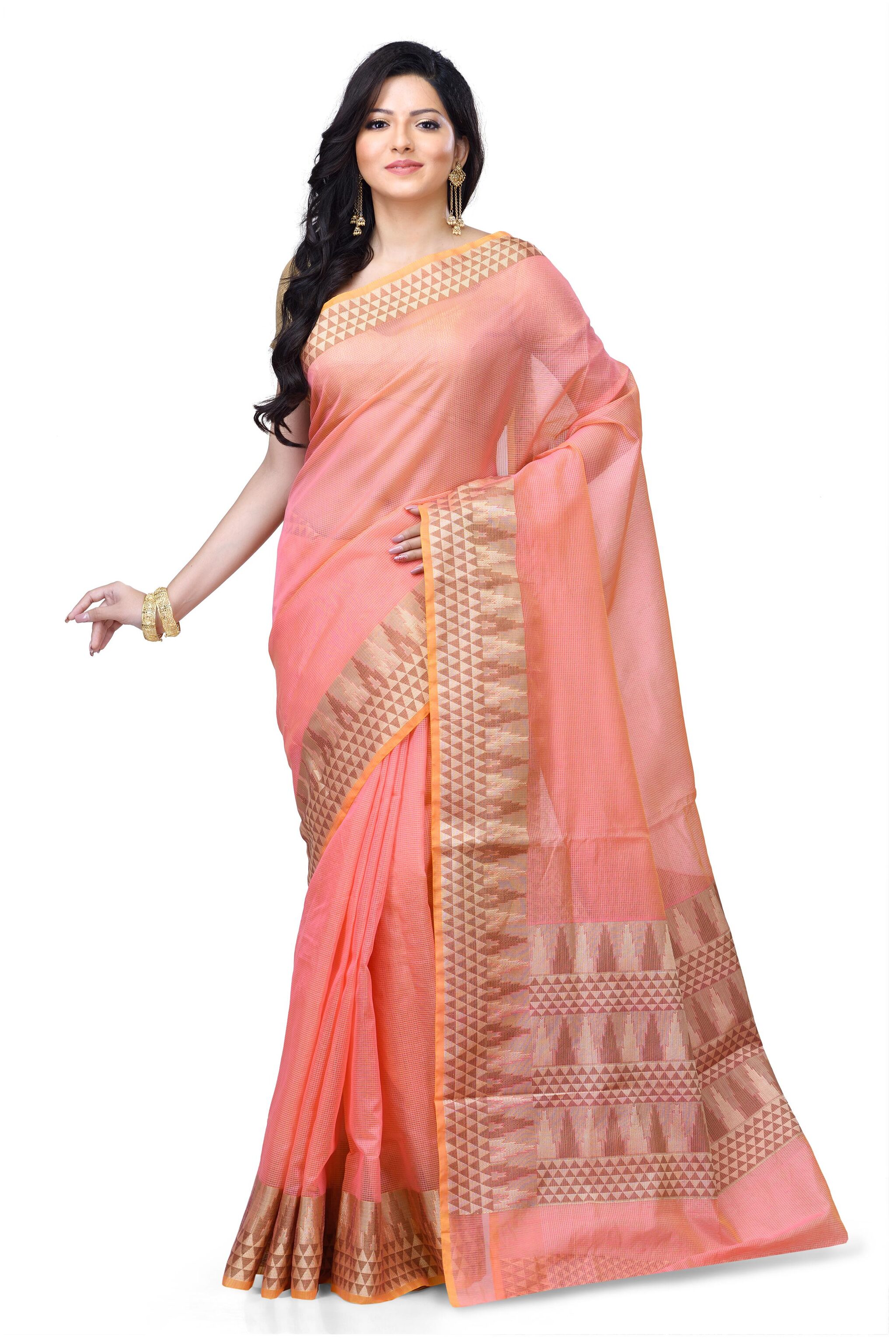 

Naveera Women Cotton Solid Peach Regular Saree With Blouse