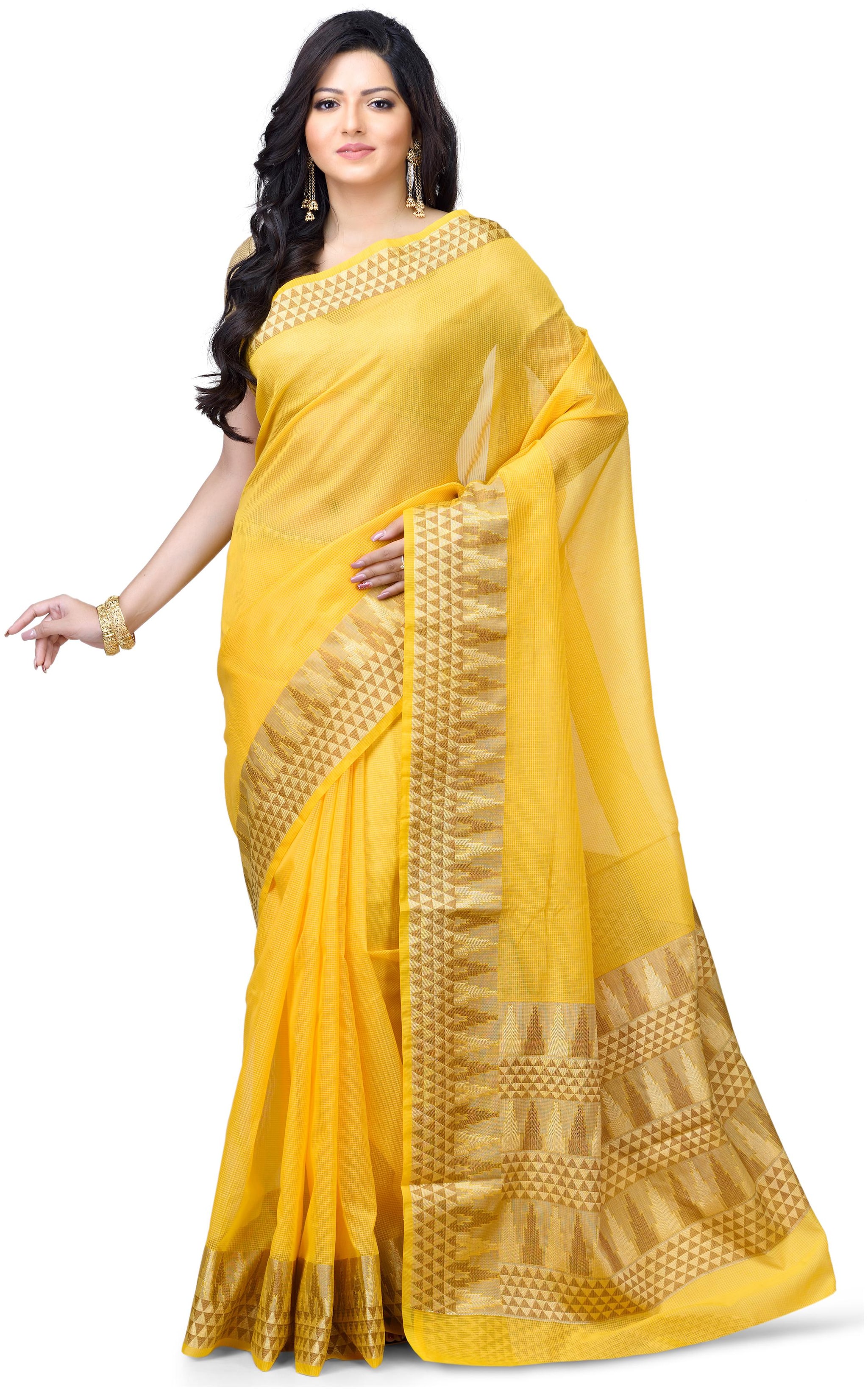 

Naveera Women Cotton Solid Yellow Regular Saree With Blouse