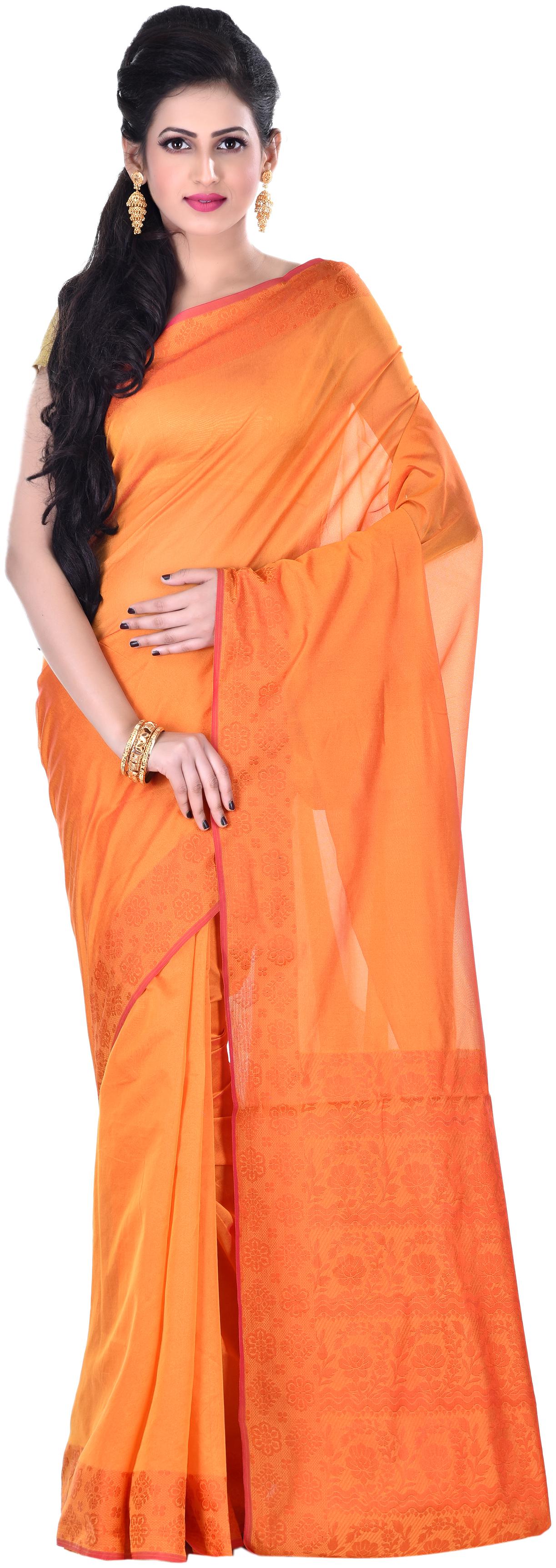 

Naveera Women Cotton Solid Orange Regular Saree With Blouse