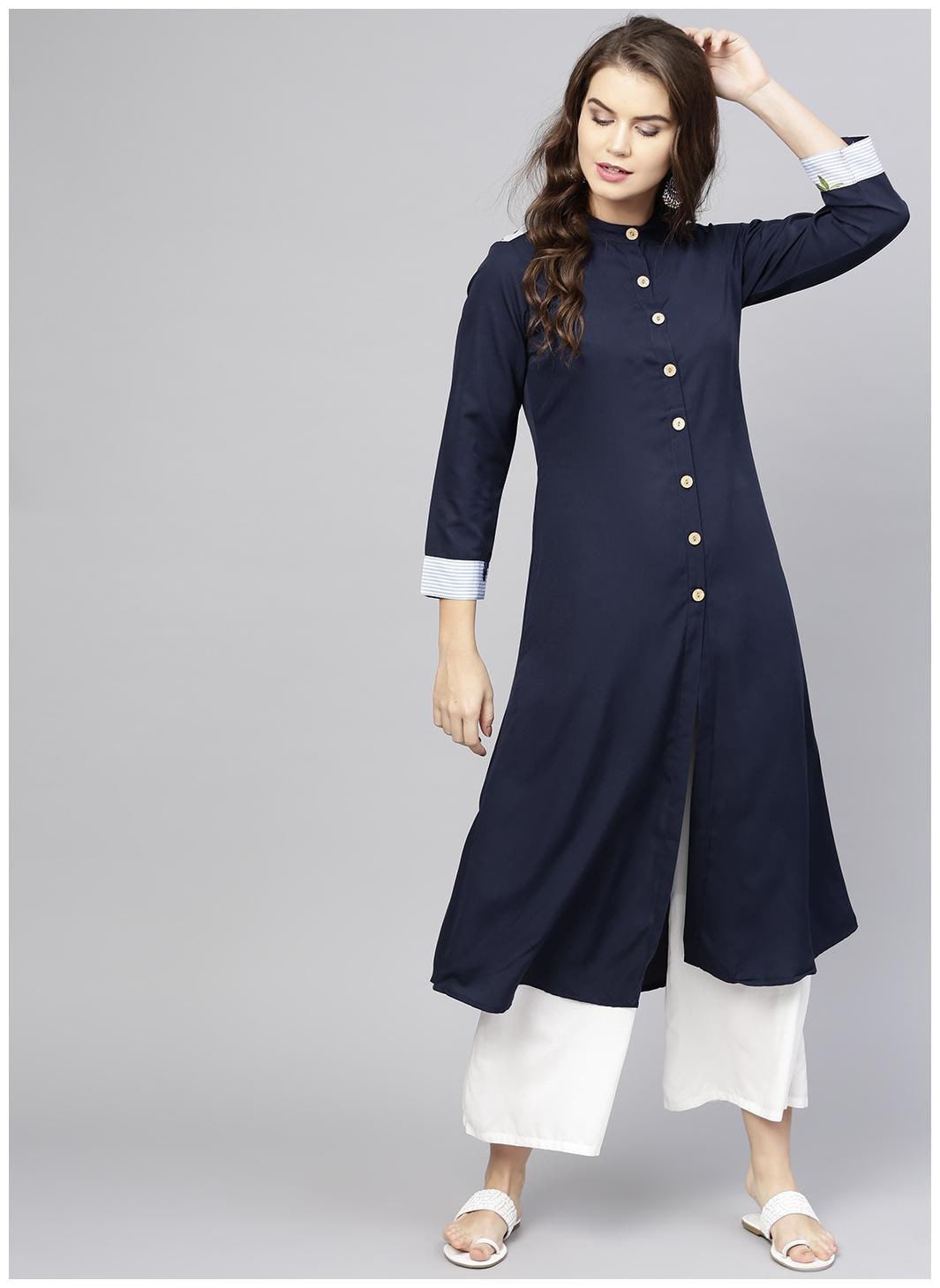 

Navy blue 3 4th sleeve crepe A-line kurta with button at front