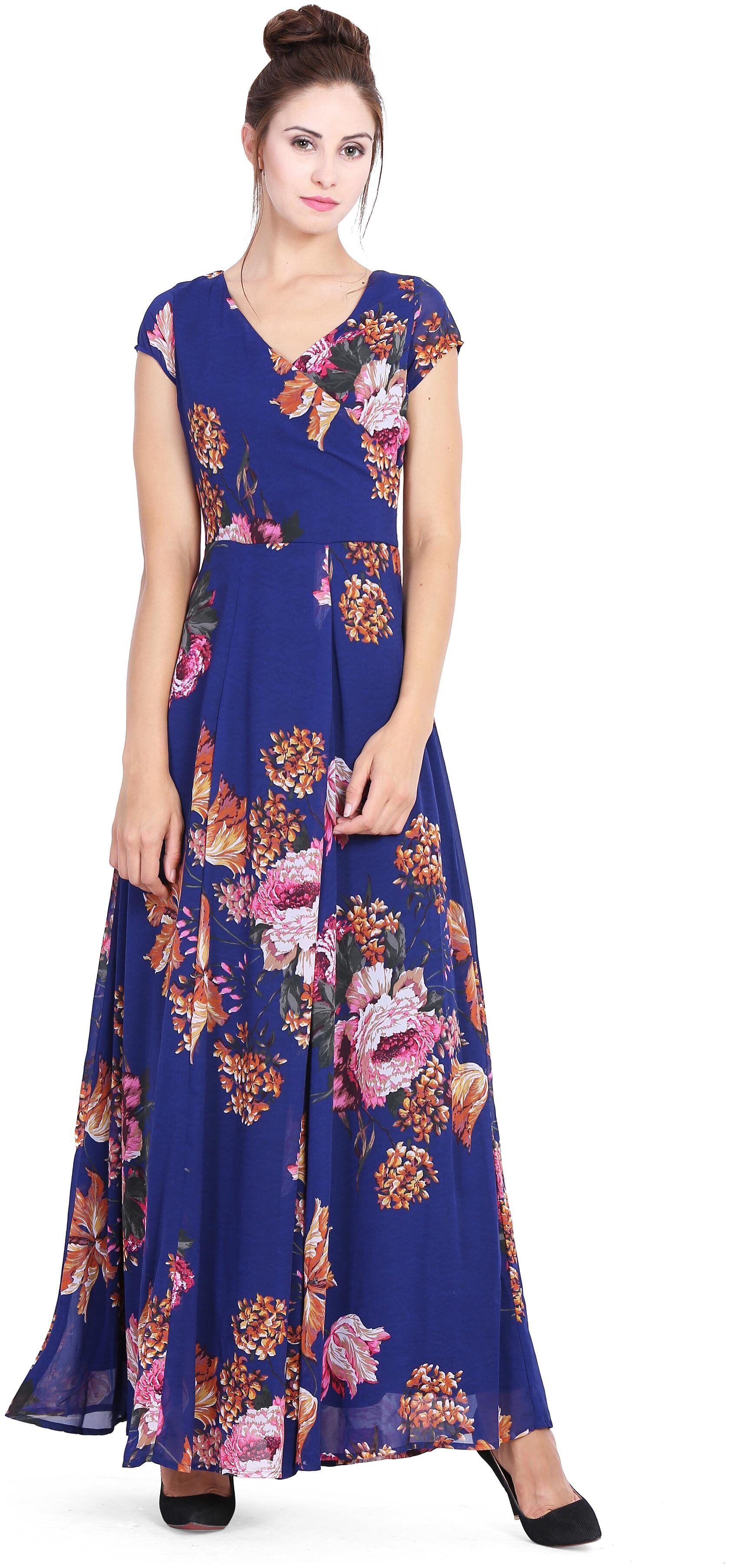 

Navy Blue Big Flower print overlap cap sleeve gown