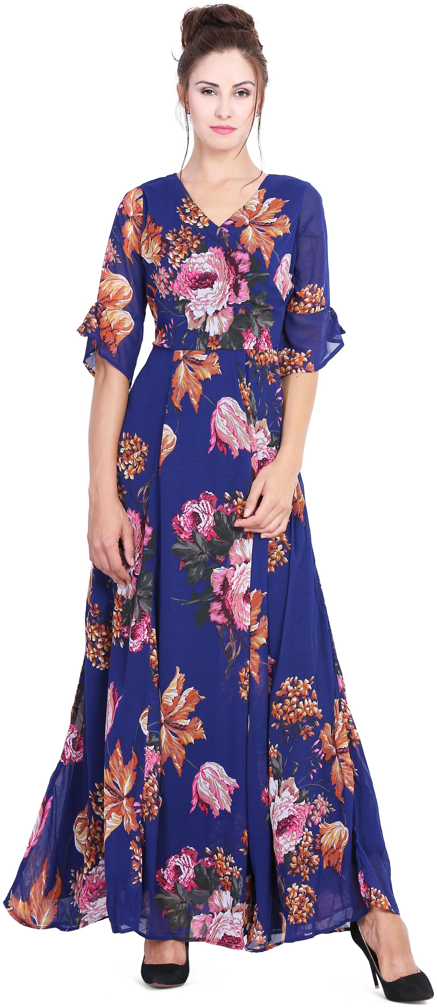 

Navy Blue big Flower print overlap Gown