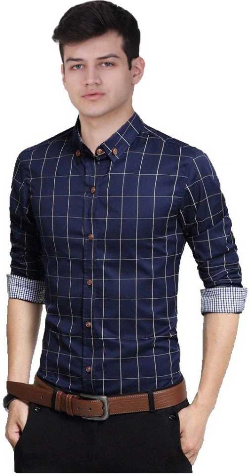 

MEXMY Men Navy Blue Checked Slim Fit Casual Shirt
