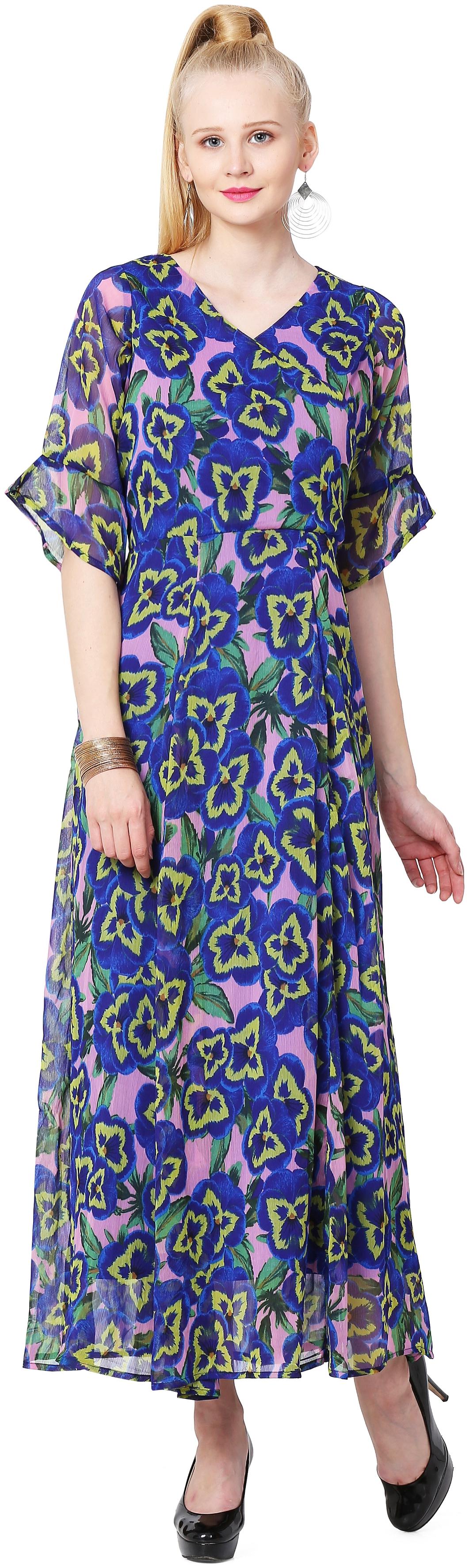 

NAVY BLUE MULTI COLOR PRINT OVERLAP GOWN