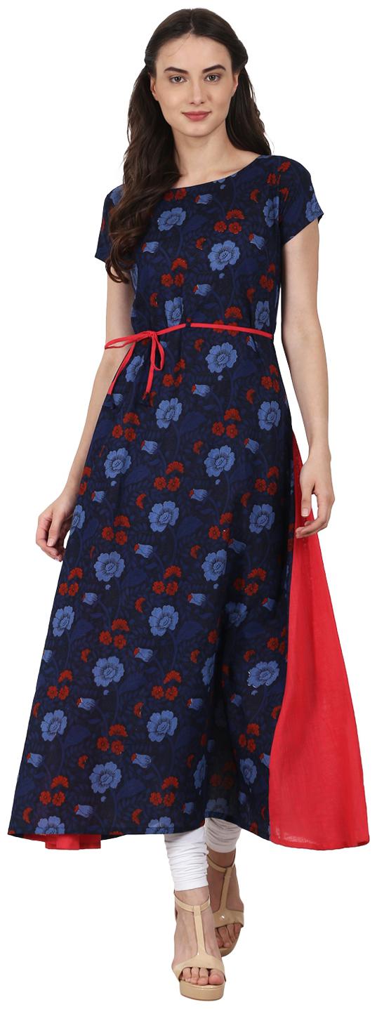 

Nayo Navy Blue Printed Cap Sleeve A-Line Kurta