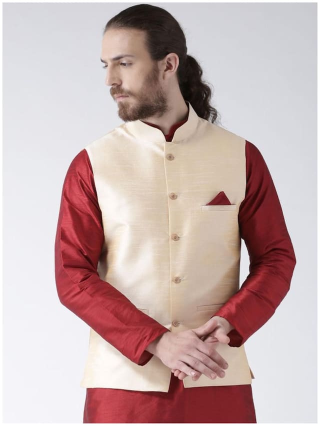 NAWAB SAHEB Men Gold Solid Regular Fit Ethnic Jacket