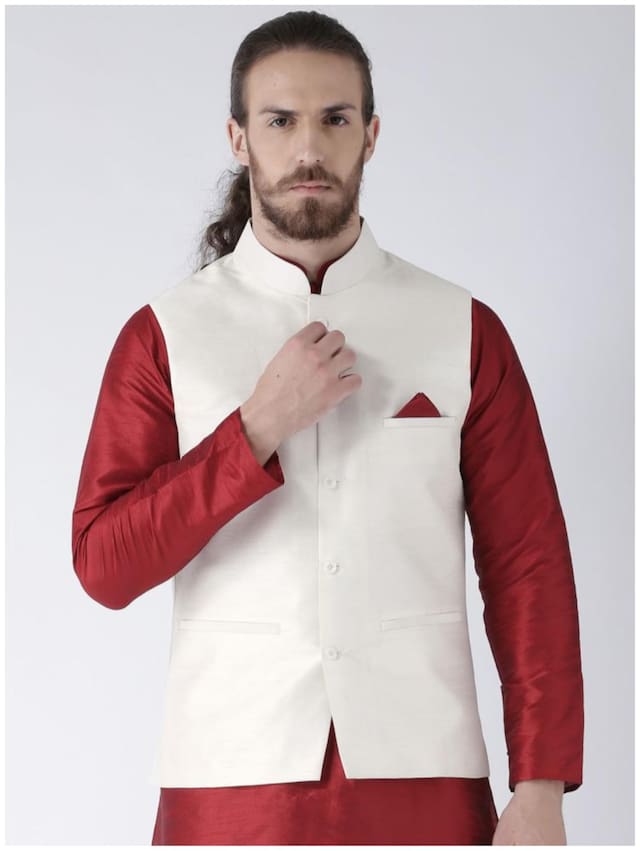 NAWAB SAHEB Men White Solid Regular Fit Ethnic Jacket