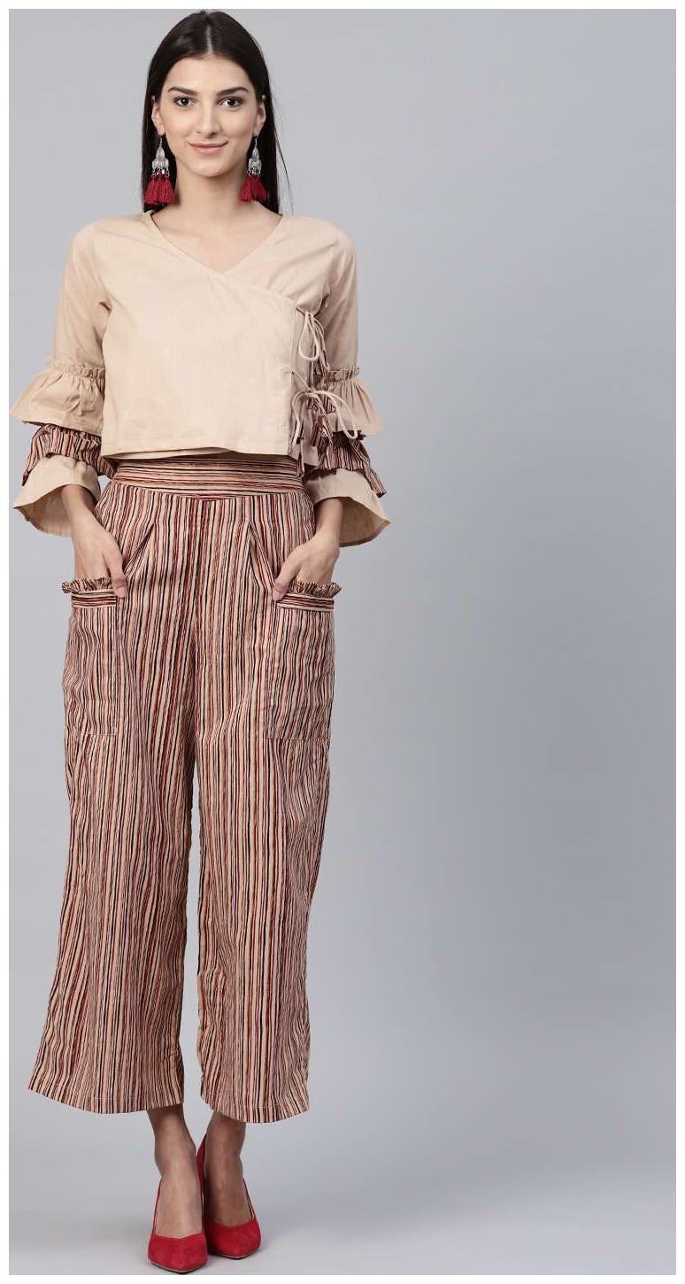 

Nayo Beige 3 4Th Sleeve Cotton Tops With Beige Striped Palazzo With Double Pocket