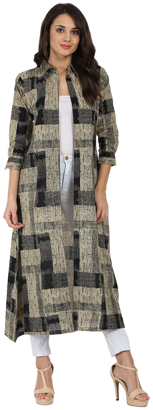 

Nayo Beige Black Printed 3 4th Sleeve Cotton Cape Kurta With Front Open
