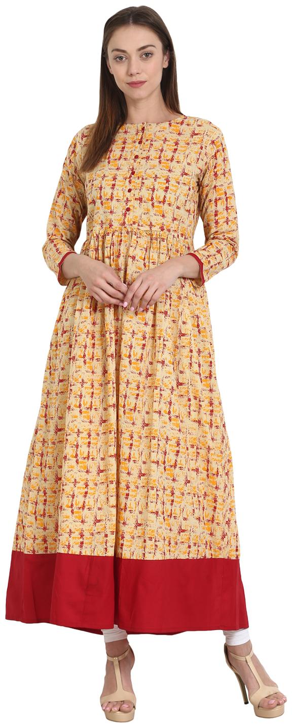 

Nayo Beige Printed 3 4 Sleeve Flared Cotton Kurta