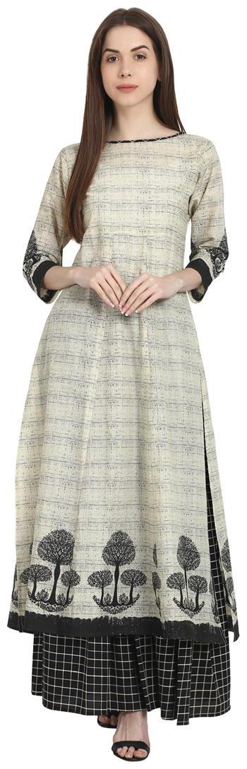 

Nayo Beige Tree Printed Cotton Kurta With Black Printed Skirt