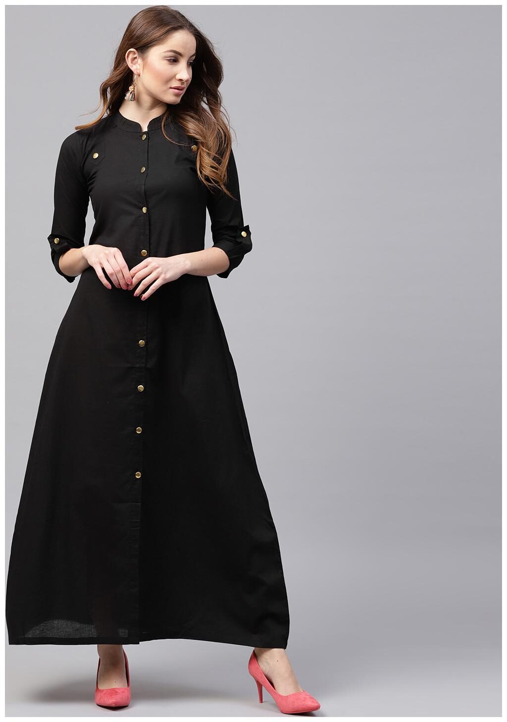 

Nayo Black 3 4Th Cotton A-Line Maxi Kurti Dress