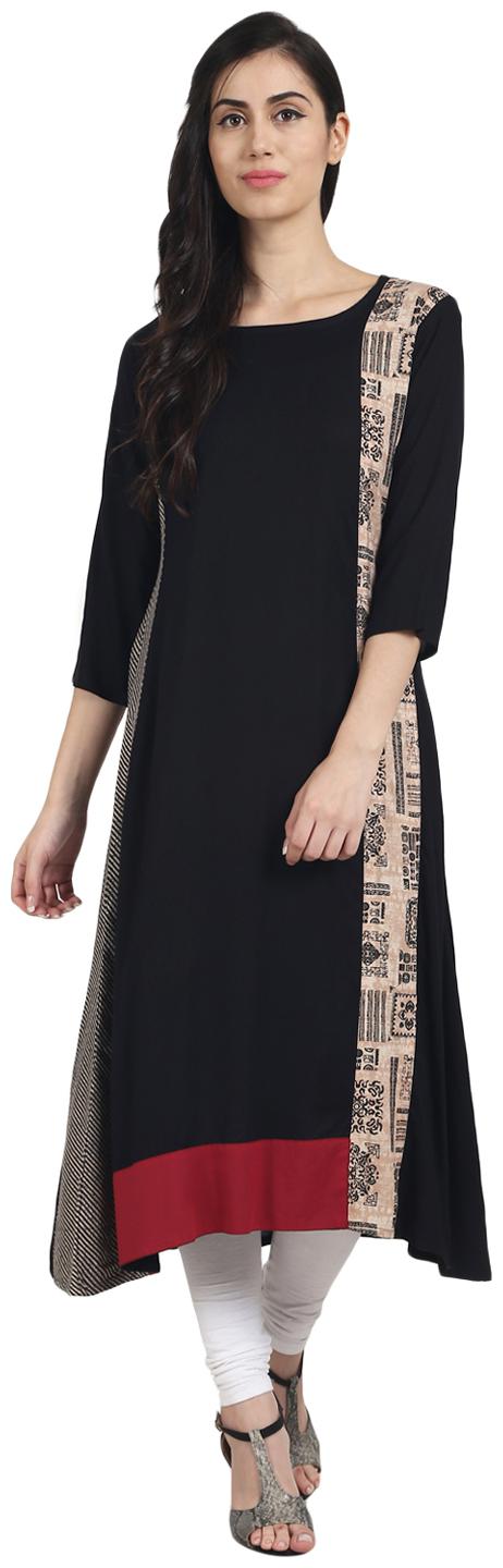 

Nayo Black 3 4Th Sleeve Rayon Assymetrical A-Line Kurta