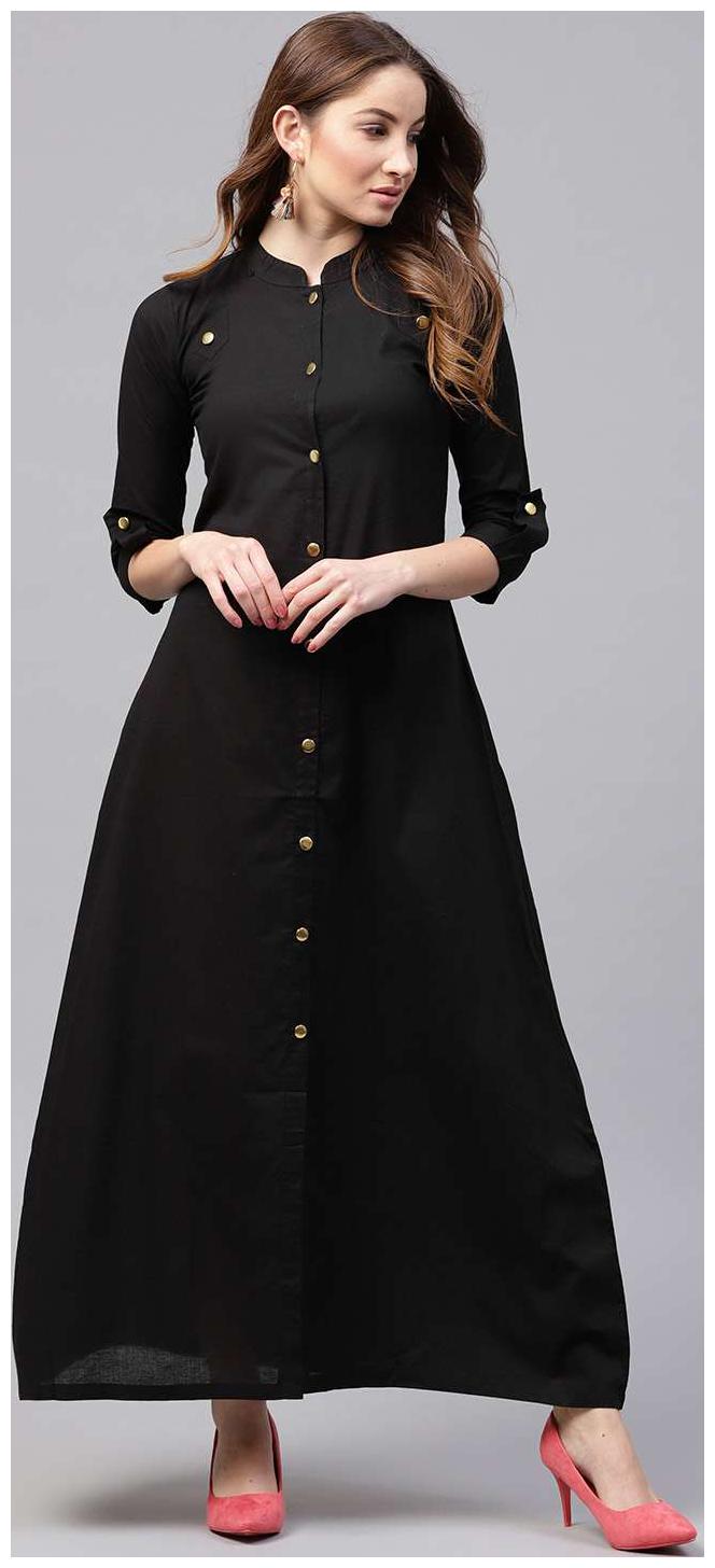 

Nayo Black 3 4Th Cotton A-Line Maxi Kurti Dress