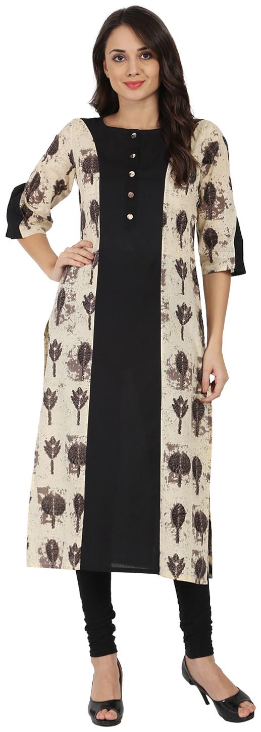 

Nayo Black Beige Printed 3 4th Sleeve Cotton A-Line Kurta