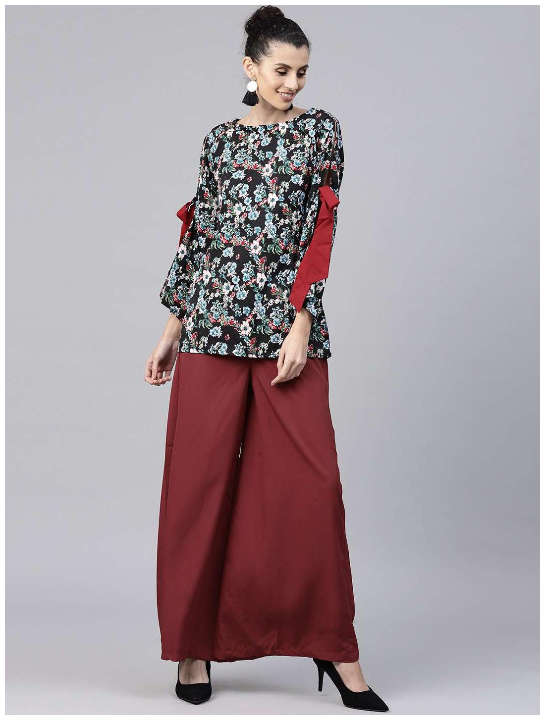 

Nayo Black Blue Printed Full Sleeve Crepe Tops With Red Palazzo