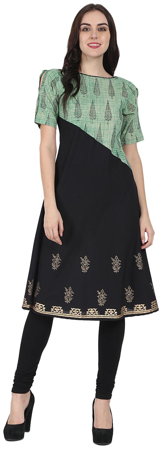 

Nayo Black Green Half Sleeve Cotton Block Printed Kurta