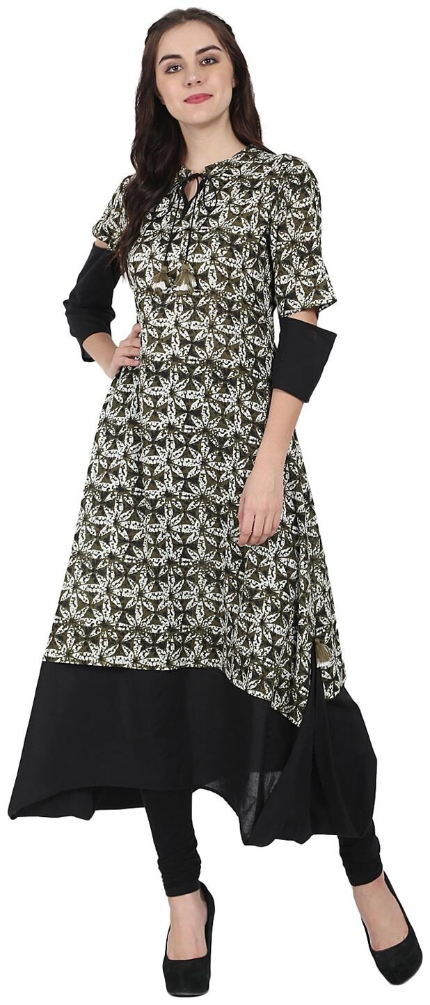 

Nayo Black Printed Half Sleeve Cotton A-Line Kurta