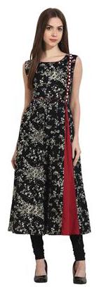 

Nayo Black Printed Sleevless Cotton A-Line Kurta