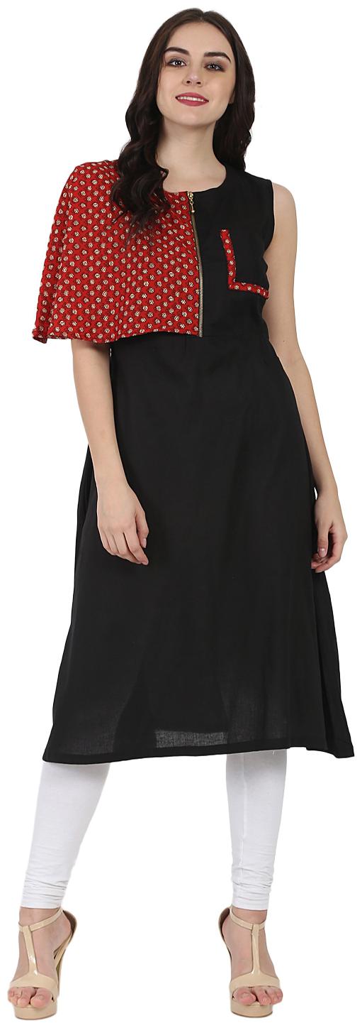 

Nayo Black Printed Sleeveless Cotton A-Line Kurta