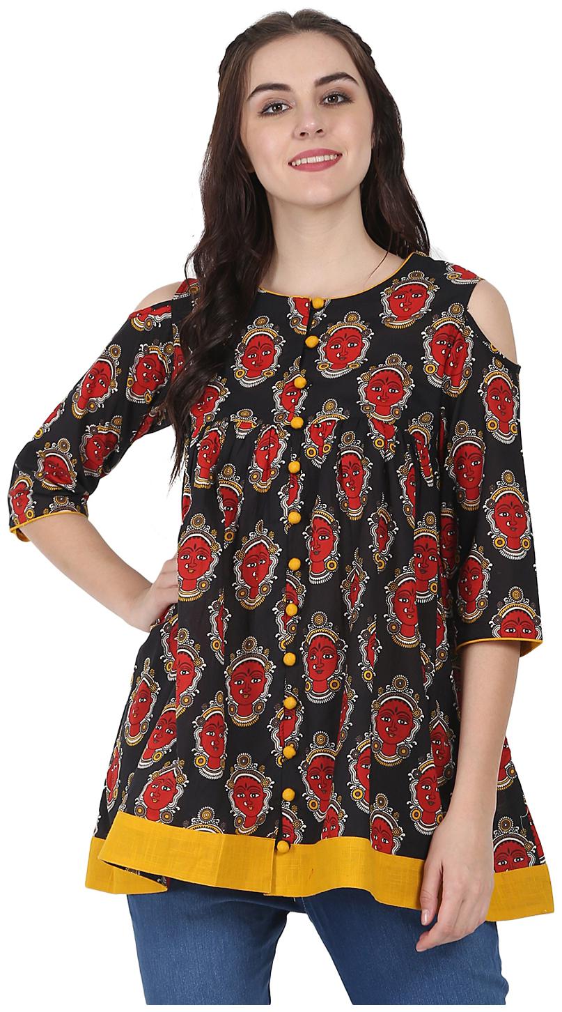

Nayo Black Red Printed 3 4th Sleeve Cotton Flared Short Kurtis