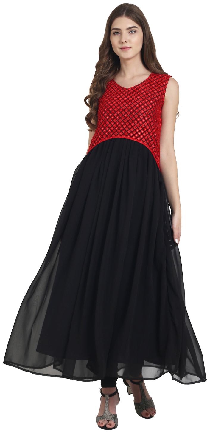 

Nayo Black Sleeveless Georgette With Cotton Line Anarkali Kurta With Net Work At Yoke