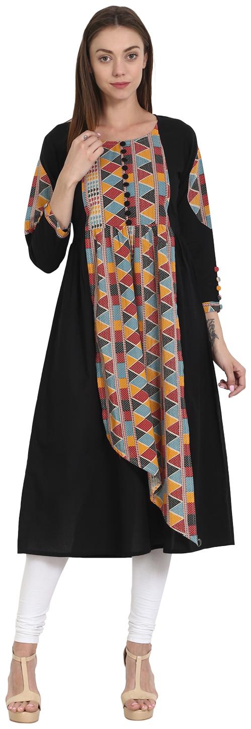 

Nayo Black With Front Printed 3 4 Sleeve Cotton A-Line Kurta