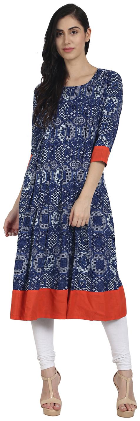 

Nayo Blue 3 4Th Sleeve Cotton Printed A-Line Kurta