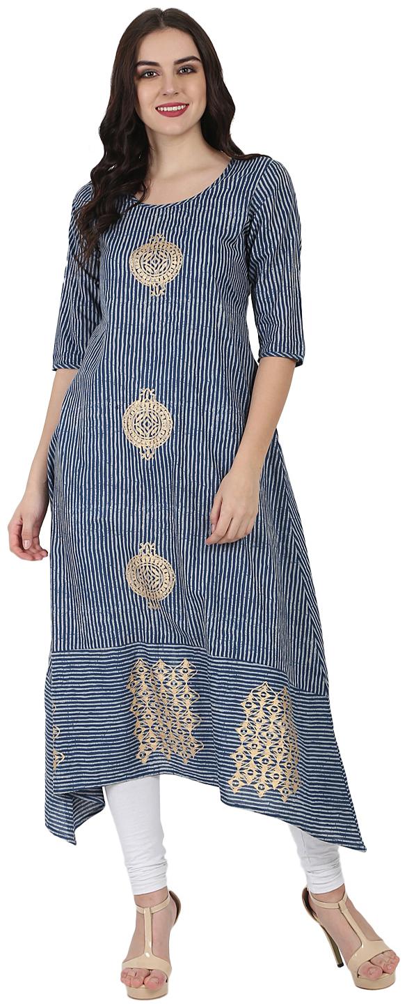 

Nayo Blue 3 4th Sleeve Block Printed A-Line Kurta
