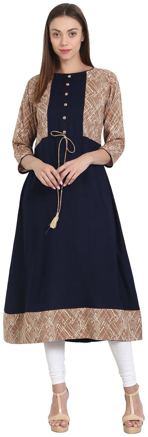 

Nayo Blue 3 4 Sleeve Rayon Kurta With Beige Print In Yoke