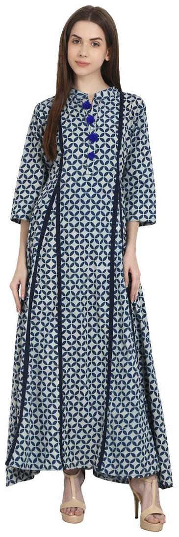 

Nayo Blue 3 4 Sleeve Floor Length Cotton A-Line Kurta