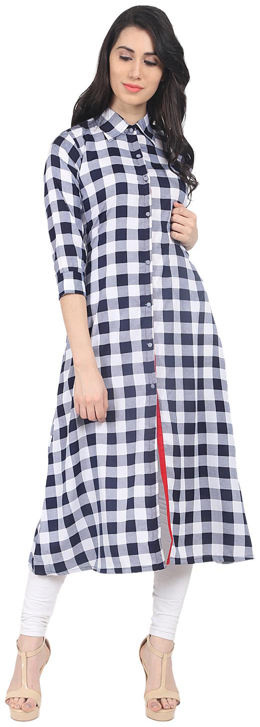 

Nayo Blue Check Half Sleeve Crepe A-Line Kurta