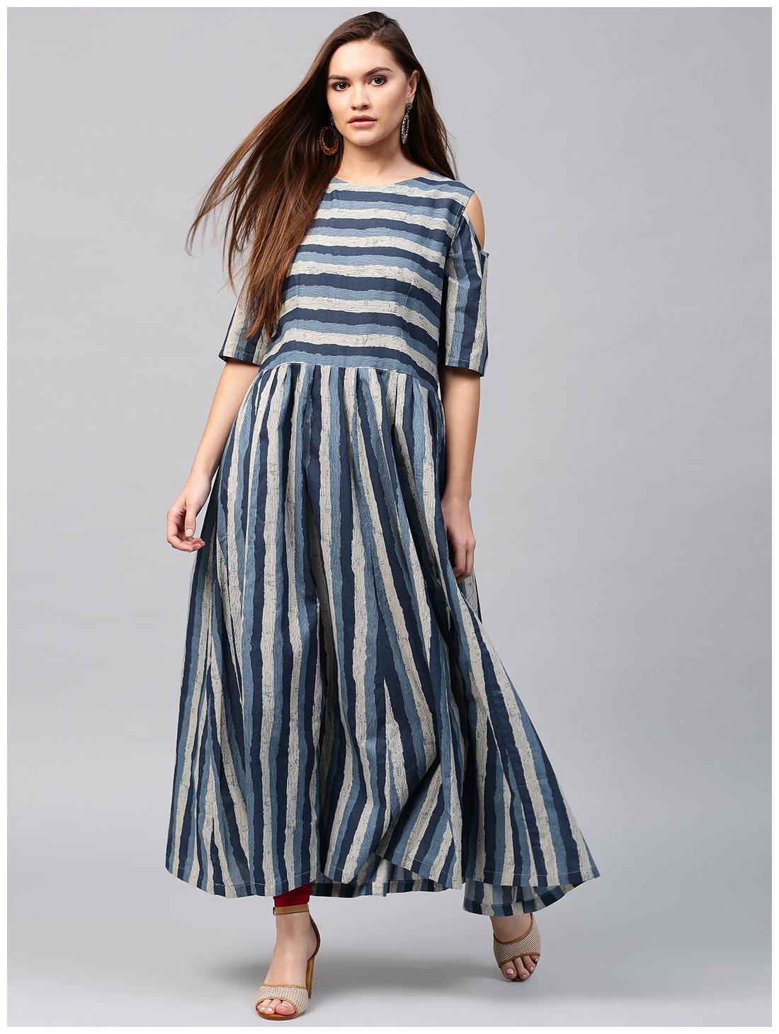 

Nayo Blue Printed Short Sleeve Cold Shoulder A-Line Kurta