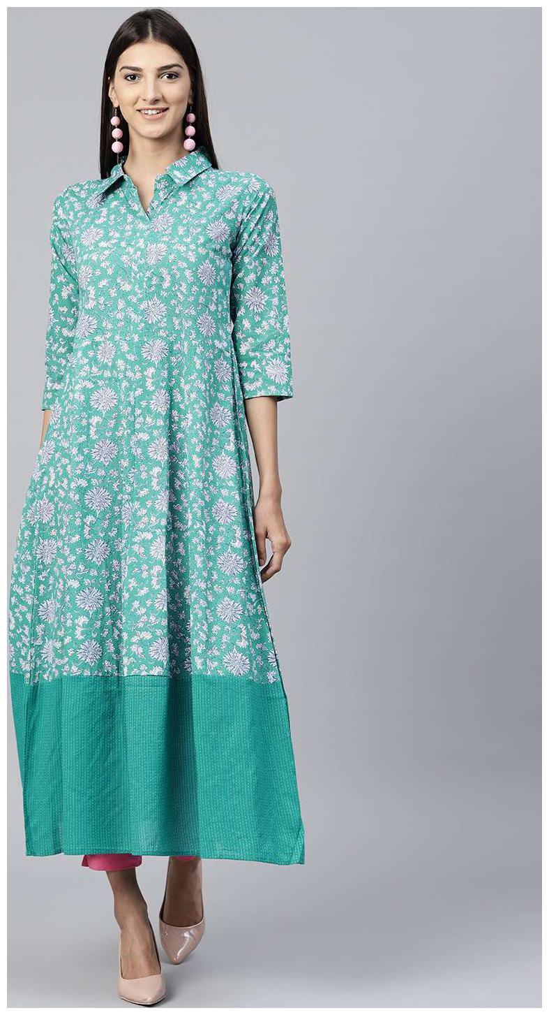 

Nayo Blue Printed 3 4Th Sleeve Cotton A-Line Kurta