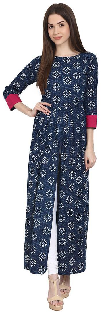 

Nayo Blue Printed 3 4 Sleeve Ankle Length Cotton Kurta