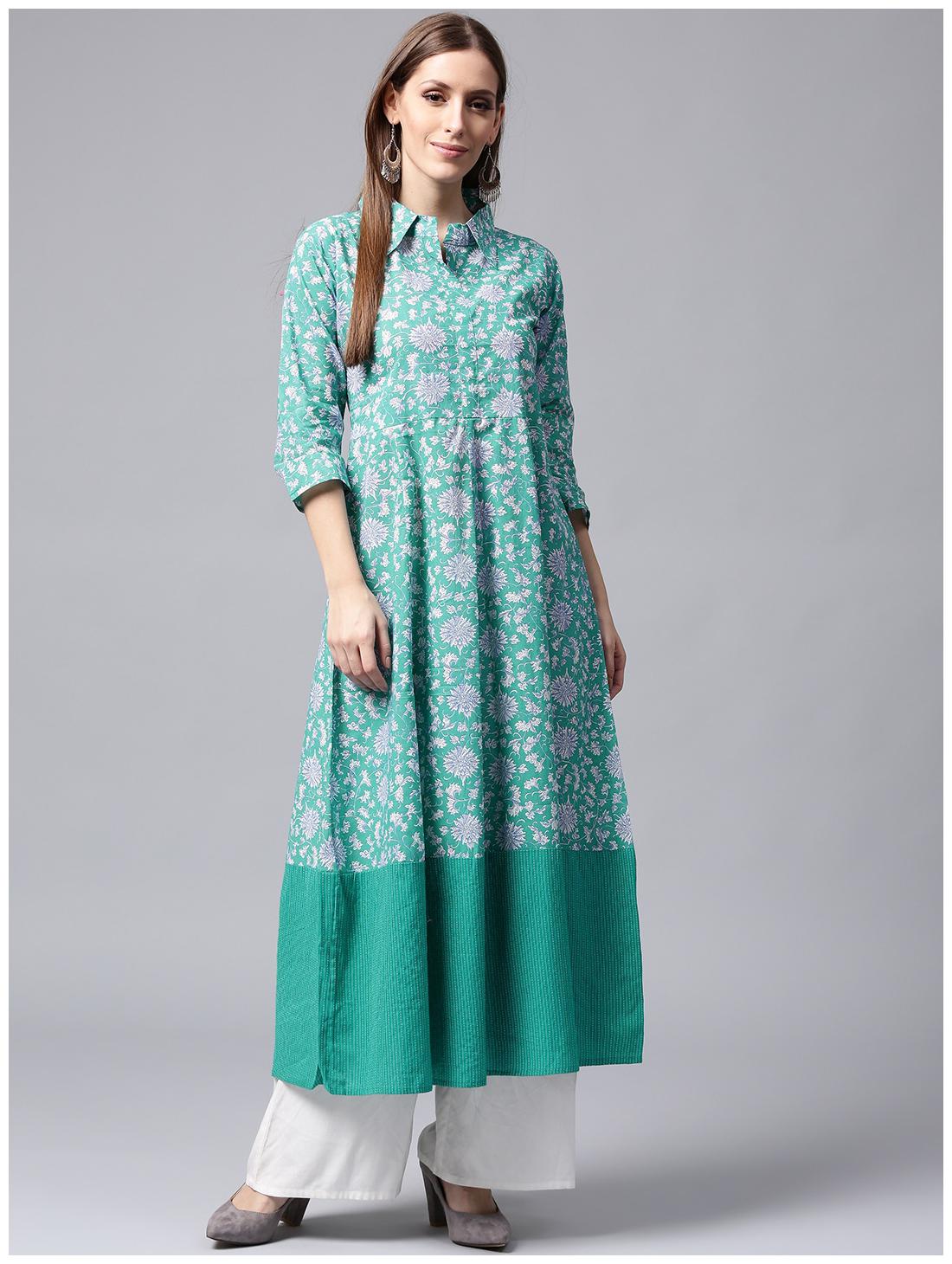

Nayo Blue Printed 3 4th Sleeve Cotton A-Line Kurta