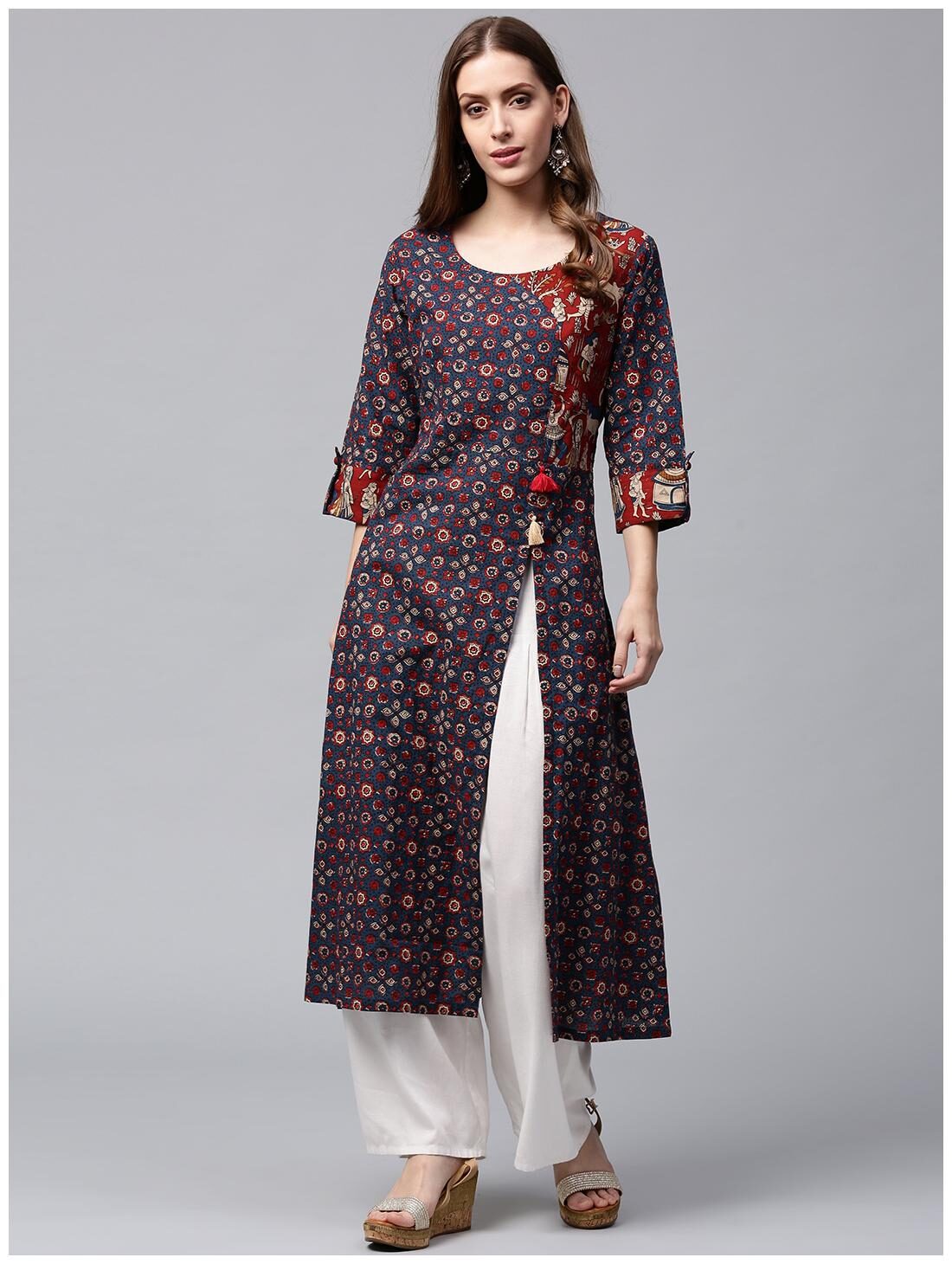 

Nayo Blue Printed 3 4th Sleeve Cotton Long A-Line Kurta