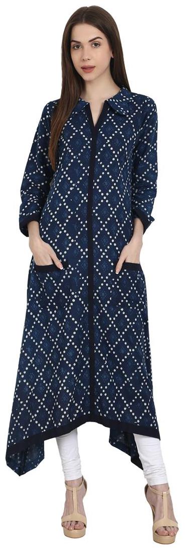 

Nayo Blue Printed 3 4 Sleeve Cotton Assymetric Kurta With Two Side Pocket