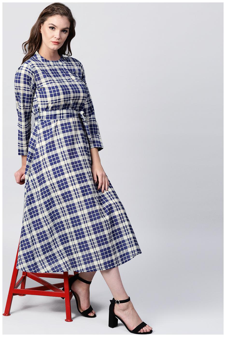 

Nayo Blue Printed 3 4Th Sleeve Cotton A-Line Maxi Kurti Dress