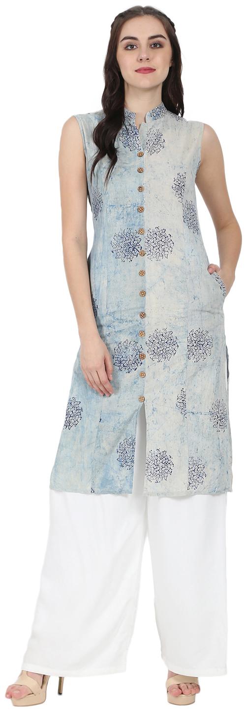 

Nayo Blue Printed Sleeveless Cotton A-Line Kurta