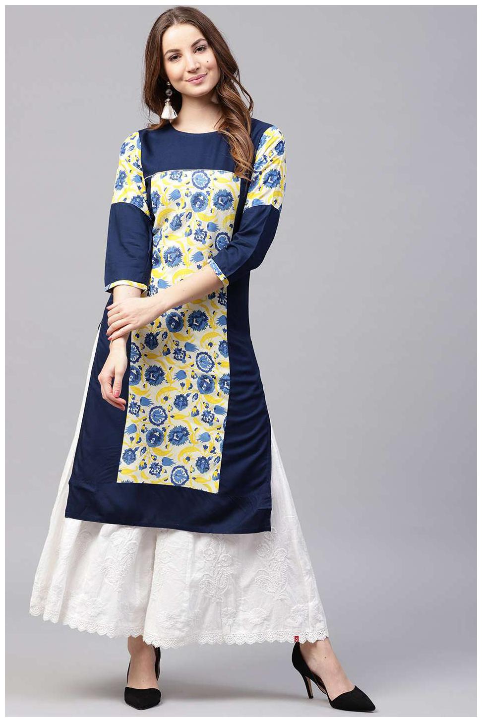 

Nayo Women Blue Printed Straight Kurta