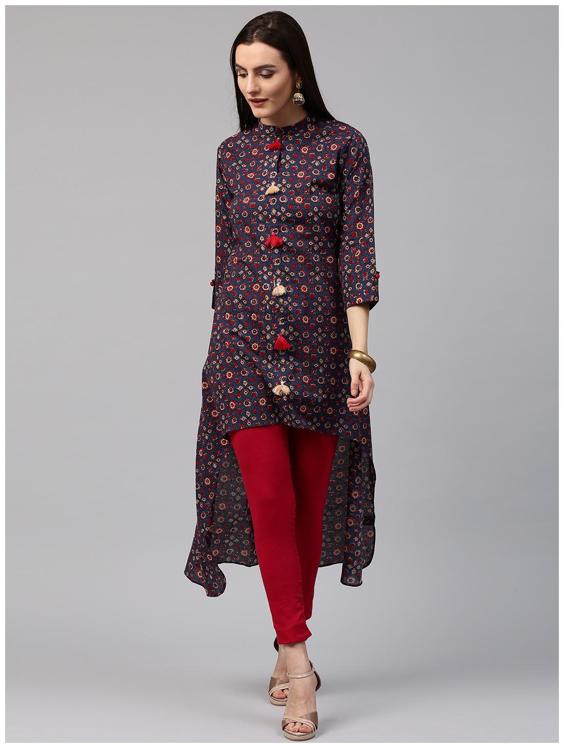

Nayo Women Blue Printed Assymetrical Kurta