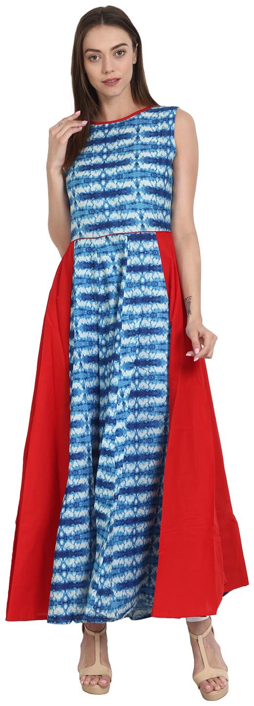 

Nayo Blue Printed Sleeveless Cotton Flared Kurta