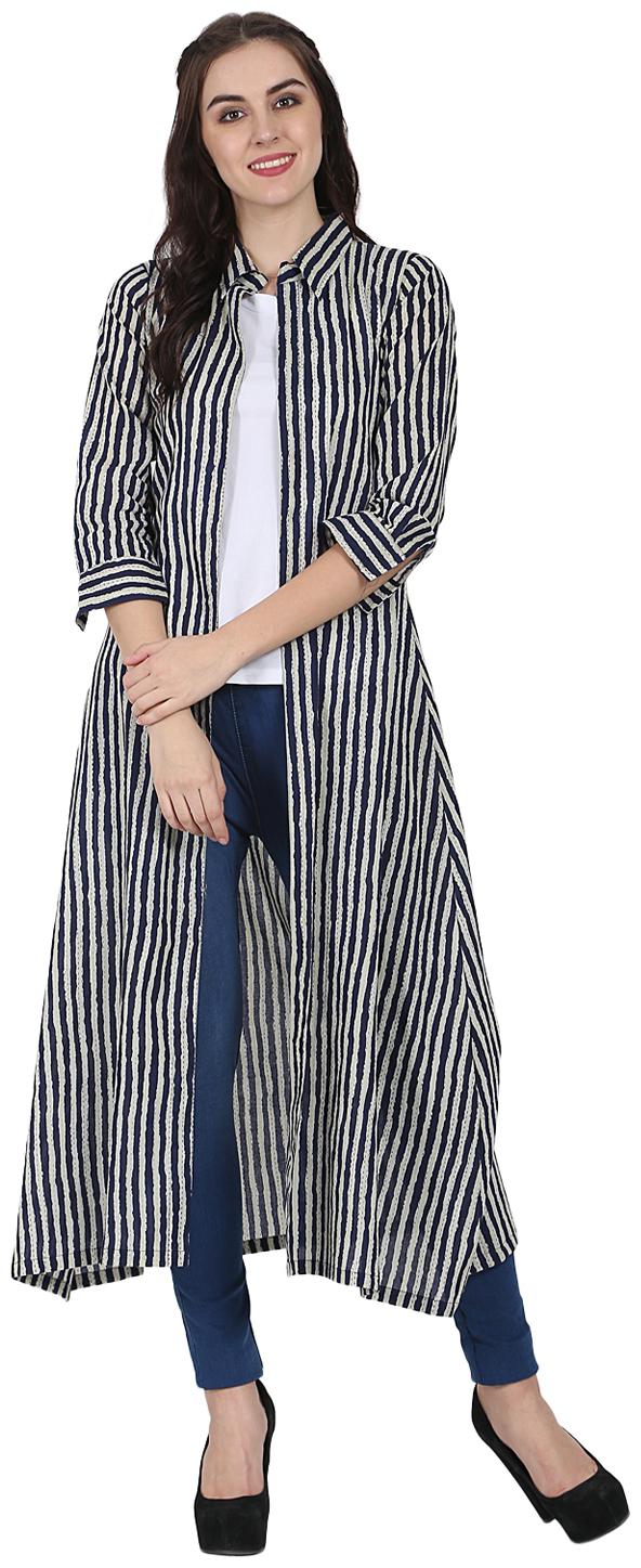 

Nayo Blue Printed 3 4th Sleeve Cotton Kurta With Front Open
