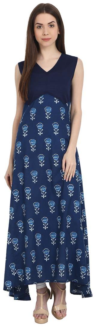 

Nayo Blue Printed Sleevless Cotton Assymetrical Kurta