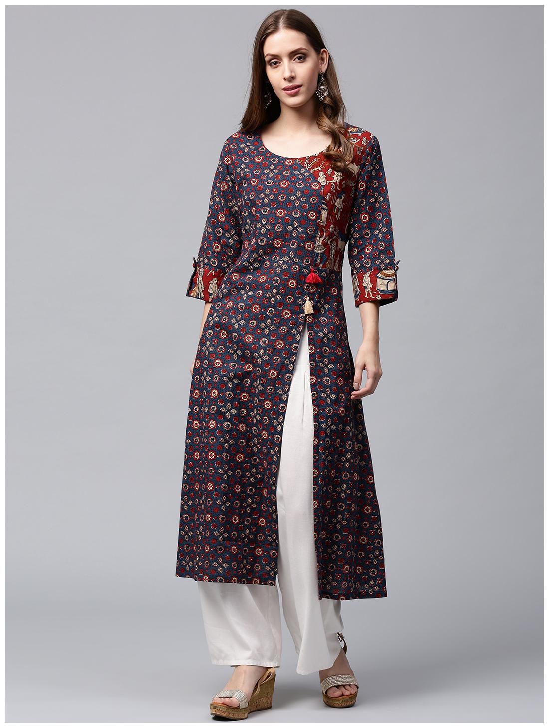 

Nayo Blue Printed 3 4th Sleeve Cotton Long A-Line Kurta