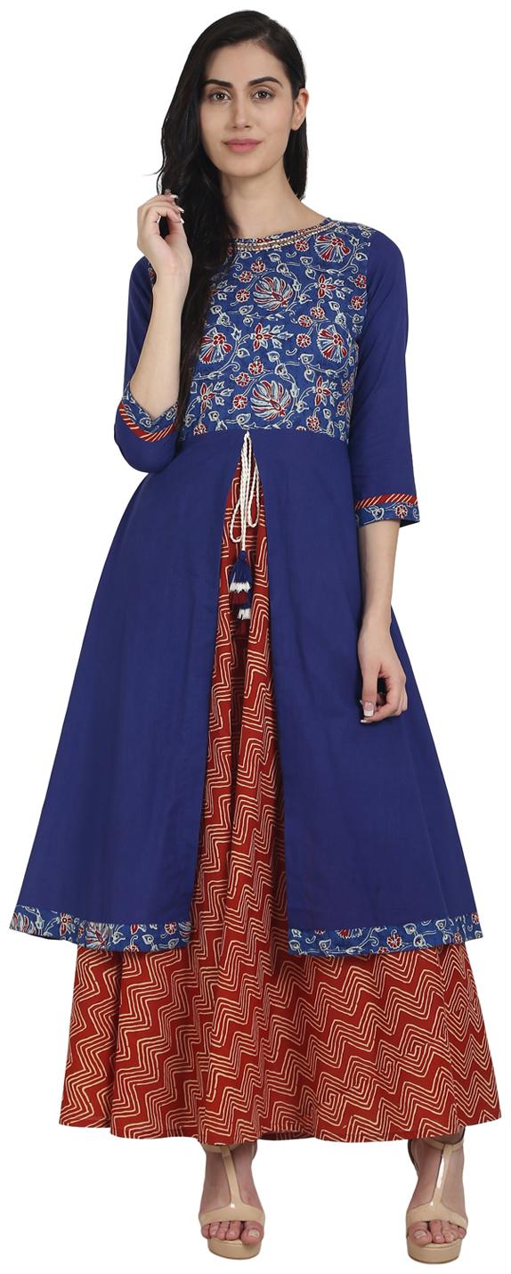 

Nayo Blue Red Printed Cotton 3 4Th Sleeve Double Layer Kurta