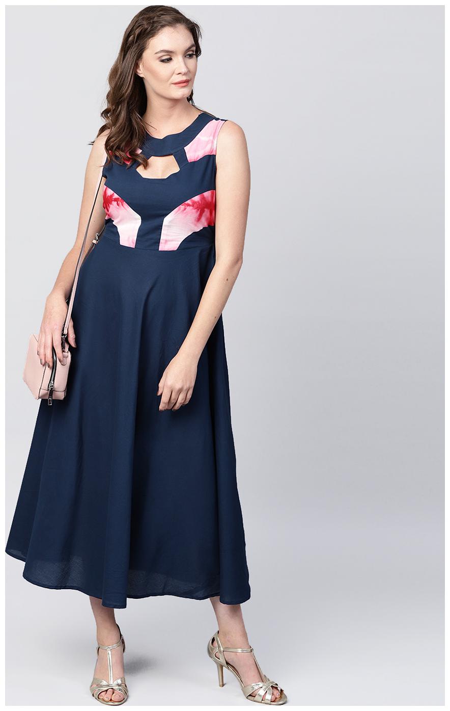

Nayo Blue Sleeveless Cotton A-Line Maxi Kurti Dress With Yoke Printed