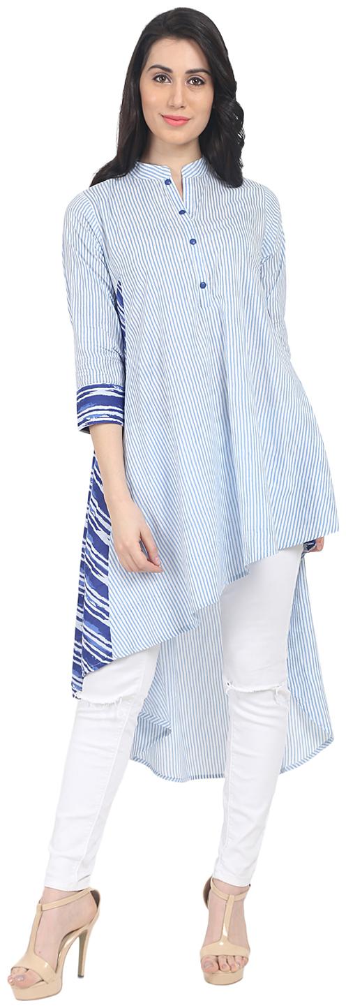 

Nayo Blue Striped 3 4th Sleeve Cotton A-Line Kurta