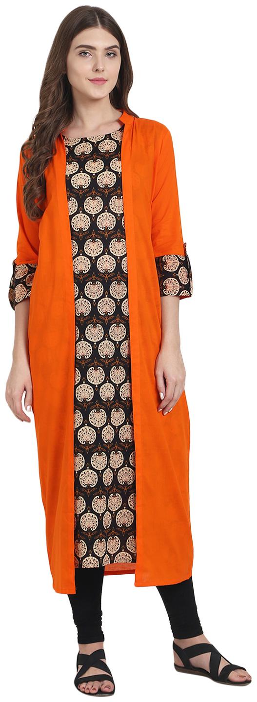 

Nayo Brown Printed Cotton Kurta With 3 4Th Sleeve Orange Long Jacket